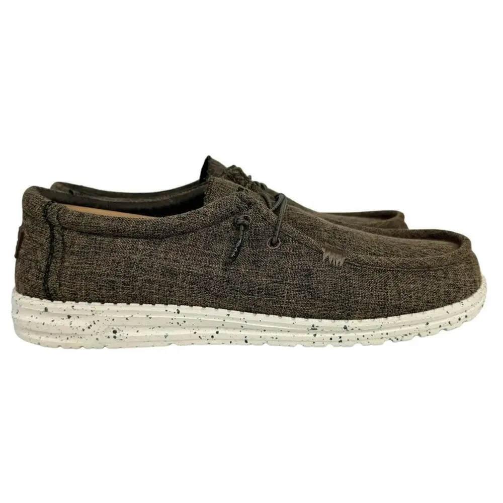 New Hey Dude Men's 14 Wally Eco Linen Loafers Slip On Shoes Dark Brown Natural